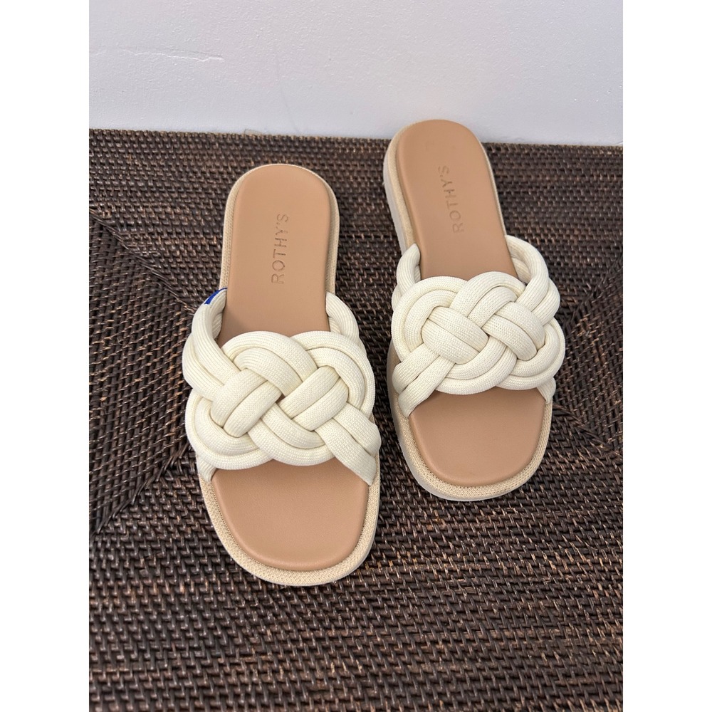 Rothy's The Knot Slide Women Size 6 Cream Tan Braided Coastal Sandals